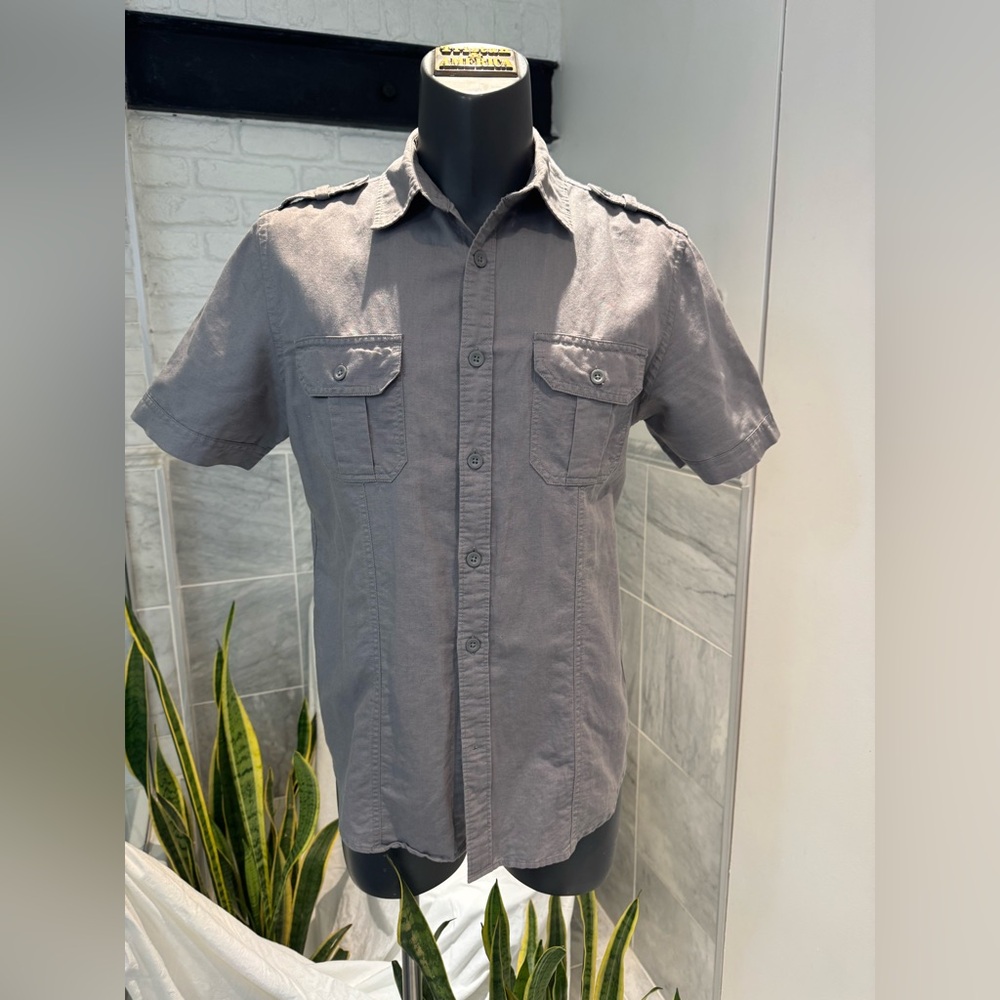 Men's Linen blend Gray Short Sleeve Shirt with two pockets